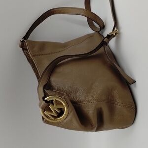 Michael Kors taupe shoulder bag, zip top closure with round gold hardware